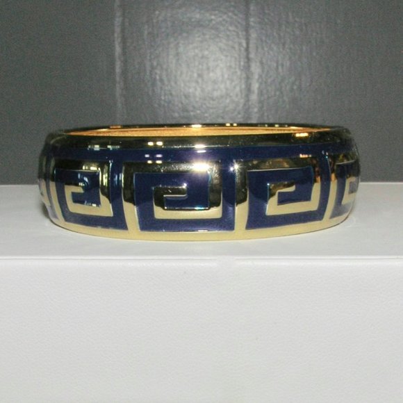 Greek Key or Fret Navy Enameled & Gold Bangle - Picture 1 of 4